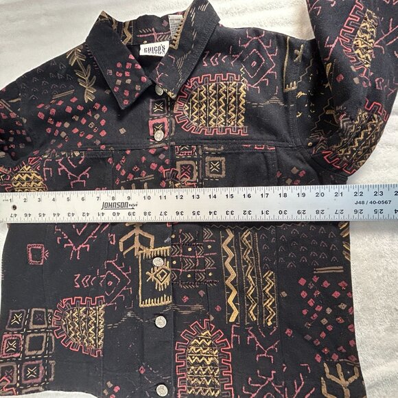 Chico's Design Womens Aztec Print Beaded Jean Jacket Size 2 Black Button Front - Picture 6 of 7